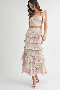 Pink Lace Up Floral Top & Skirt Set