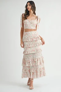 Pink Lace Up Floral Top & Skirt Set