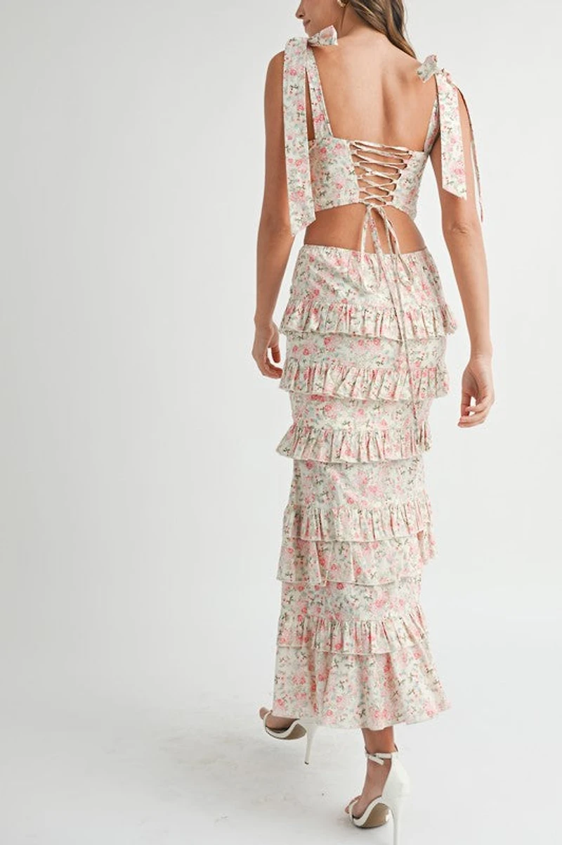 Pink Lace Up Floral Top & Skirt Set