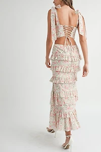 Pink Lace Up Floral Top & Skirt Set