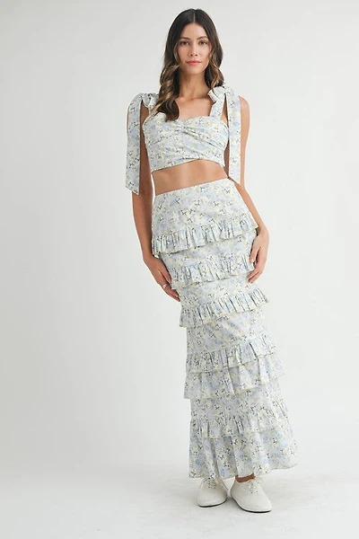 Blue Lace Up Floral Top & Skirt Set