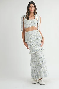 Blue Lace Up Floral Top & Skirt Set