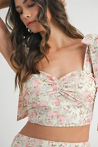 Pink Lace Up Floral Top & Skirt Set