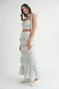 Blue Lace Up Floral Top & Skirt Set