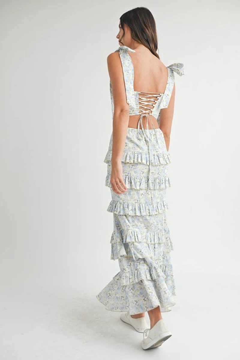 Blue Lace Up Floral Top & Skirt Set