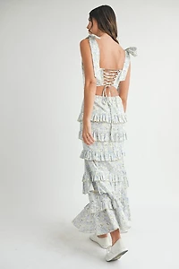 Blue Lace Up Floral Top & Skirt Set