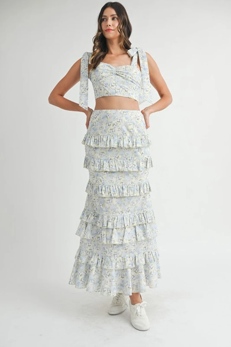 Blue Lace Up Floral Top & Skirt Set