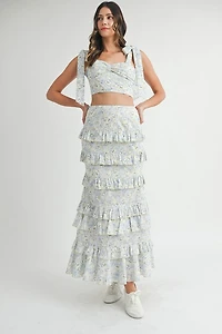 Blue Lace Up Floral Top & Skirt Set