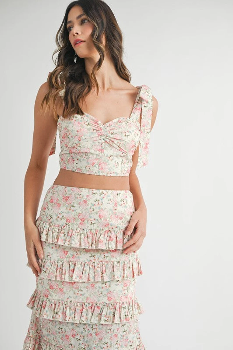 Pink Lace Up Floral Top & Skirt Set
