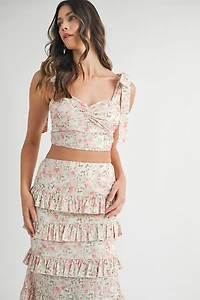 Pink Lace Up Floral Top & Skirt Set