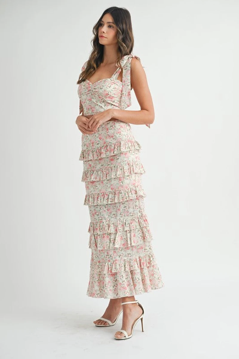 Pink Lace Up Floral Top & Skirt Set