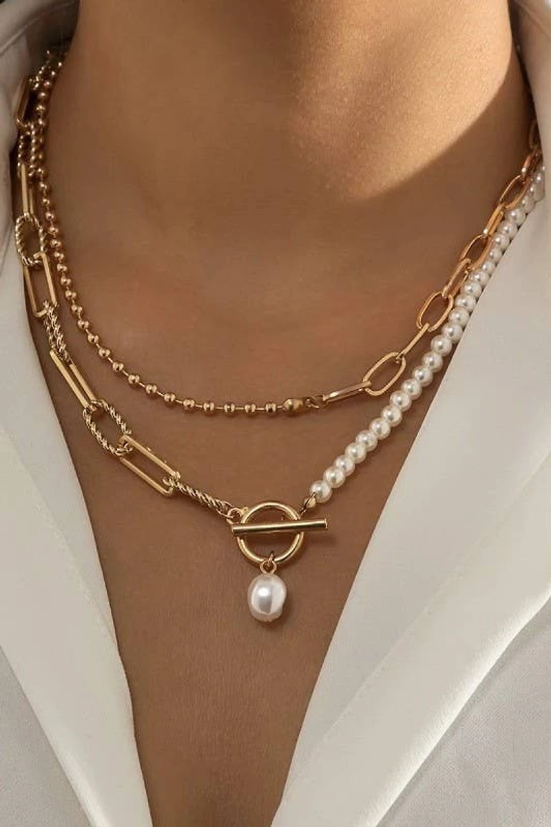 PEARL MIX DOUBLE LAYER TOGGLE NECKLACE | 40NK9460: Gold