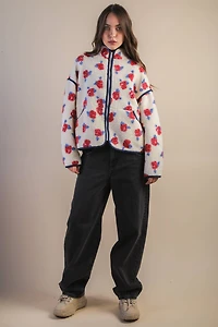 White Floral Printed Fleece Sherpa Jacket