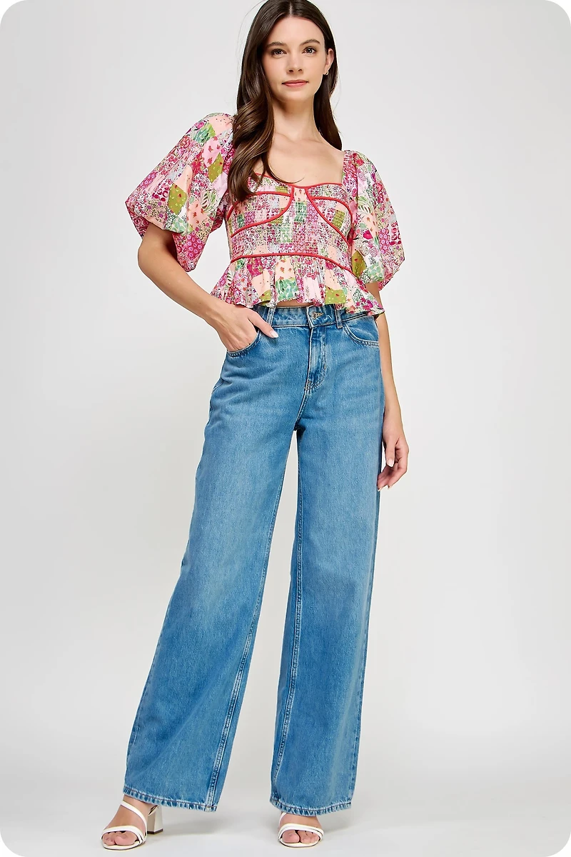 Contrast Piping Floral Blouse