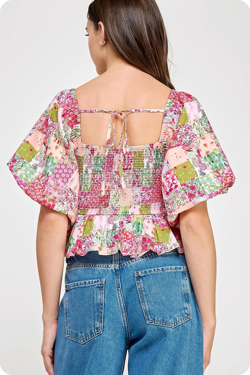 Contrast Piping Floral Blouse