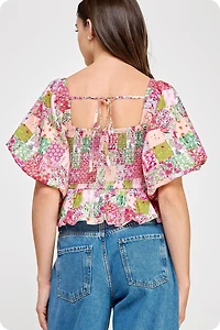 Contrast Piping Floral Blouse