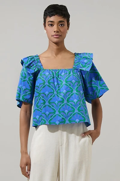 Green Floral Careen Ruffle Top