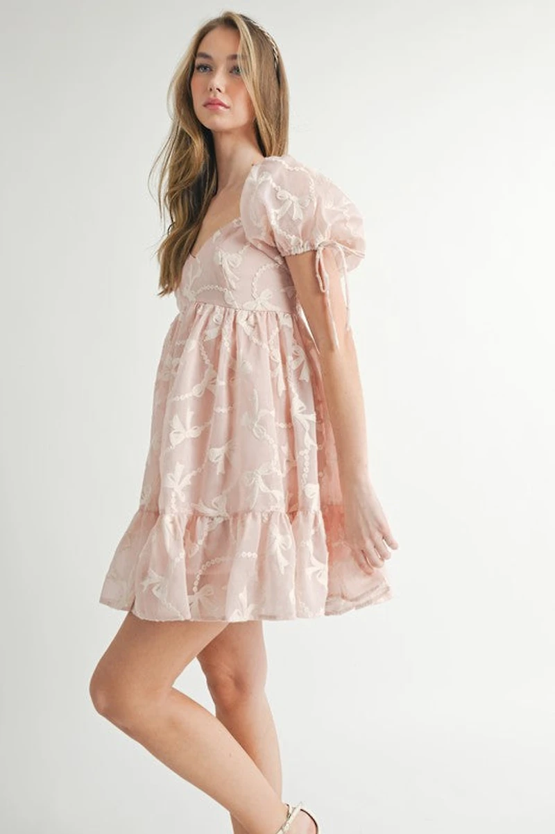 Pink Bow Embroidered Mini Dress