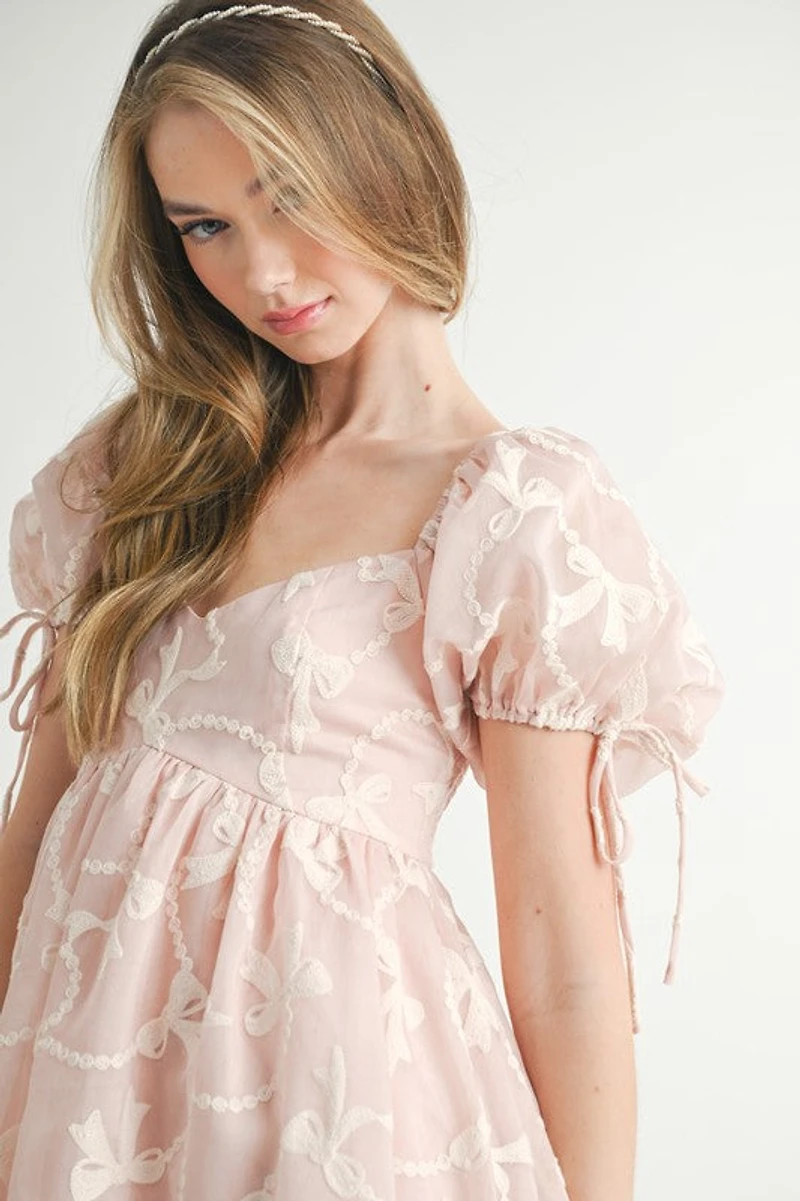 Pink Bow Embroidered Mini Dress