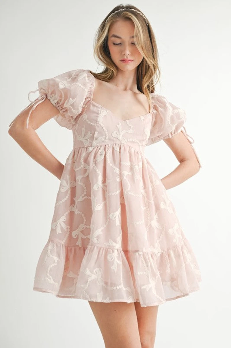 Pink Bow Embroidered Mini Dress