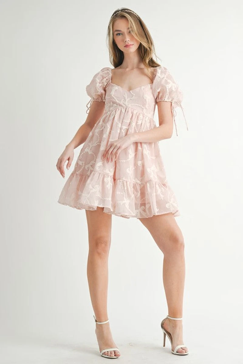 Pink Bow Embroidered Mini Dress
