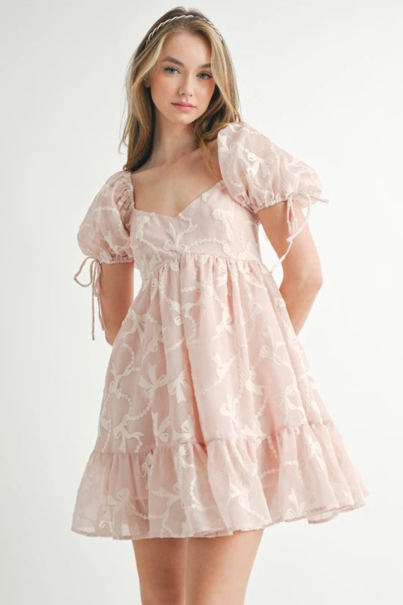 Pink Bow Embroidered Mini Dress