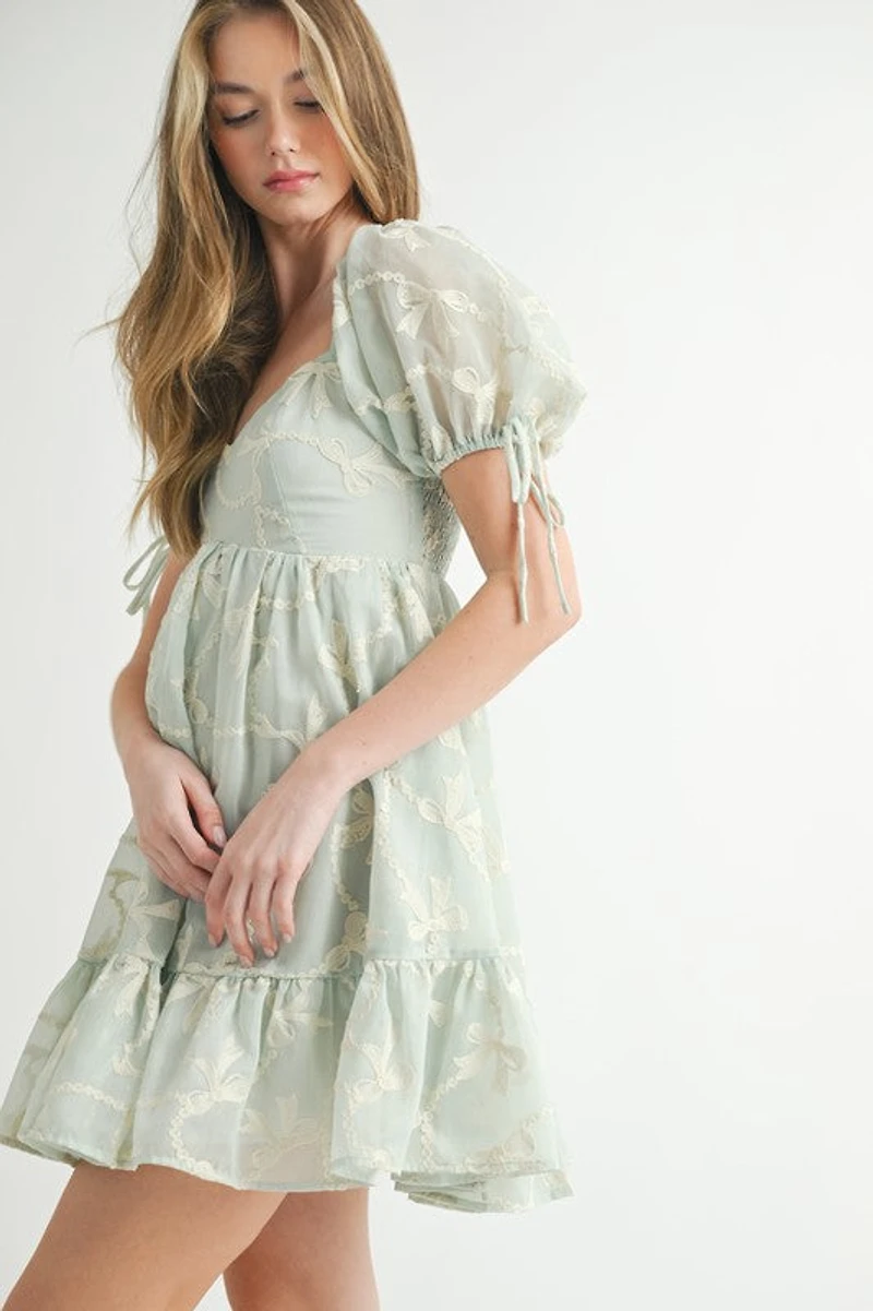 Mint Bow Embroidered Mini Dress