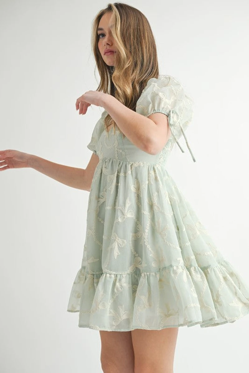 Mint Bow Embroidered Mini Dress