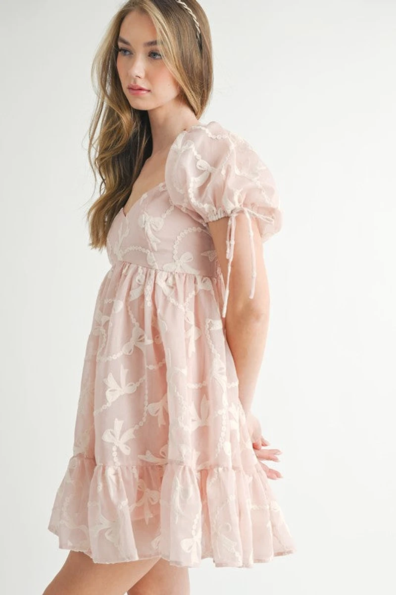 Pink Bow Embroidered Mini Dress