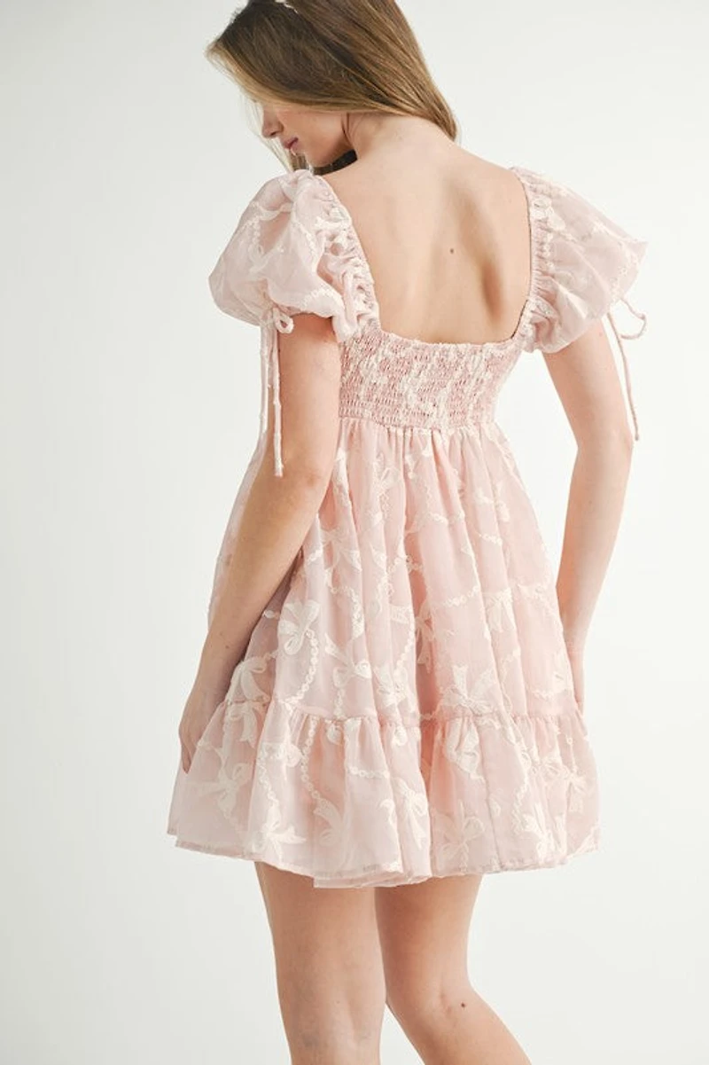 Pink Bow Embroidered Mini Dress