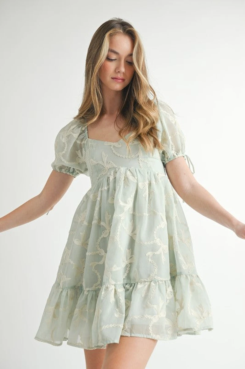 Mint Bow Embroidered Mini Dress