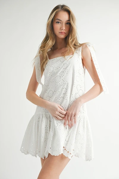 White Eyelet Lace Square Neck Mini Dress
