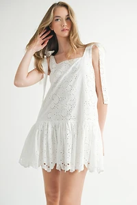 White Eyelet Lace Square Neck Mini Dress