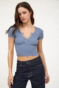 Blue Snap Button Crop Top