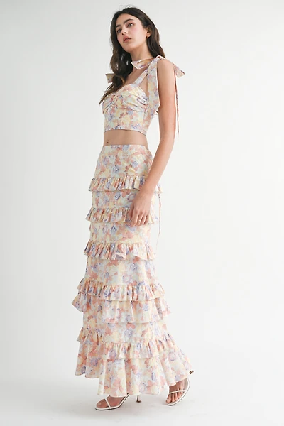 Coral Pink Floral Ruffle Skirt Set