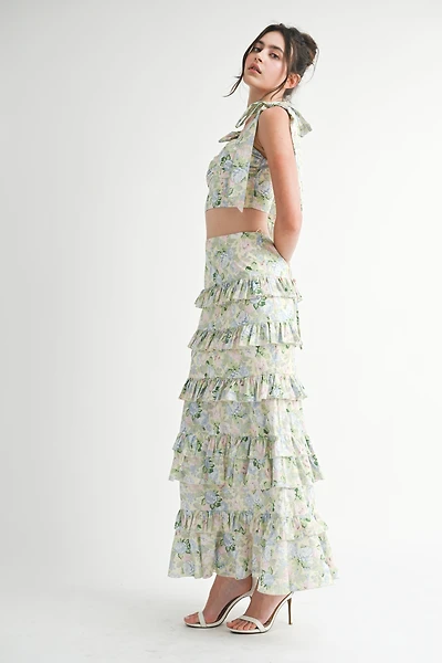 Green Floral Ruffle Skirt Set