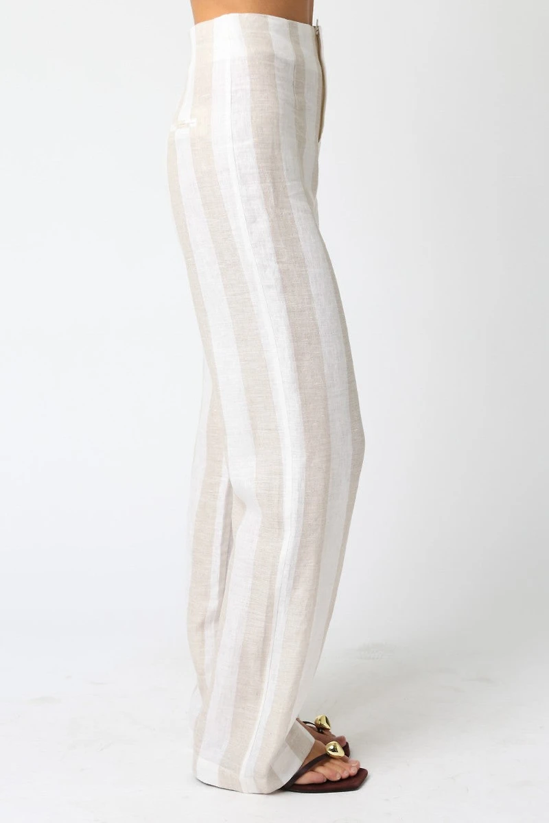White & Tan Stripe Linen Pant