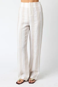 White & Tan Stripe Linen Pant