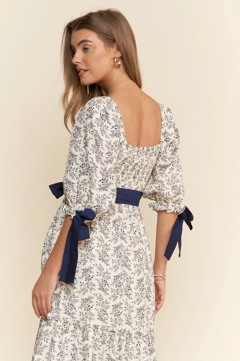 Floral Ribbon Smocked Maxi Dress