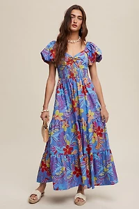 Blue Floral Puff Sleeve Maxi Dress