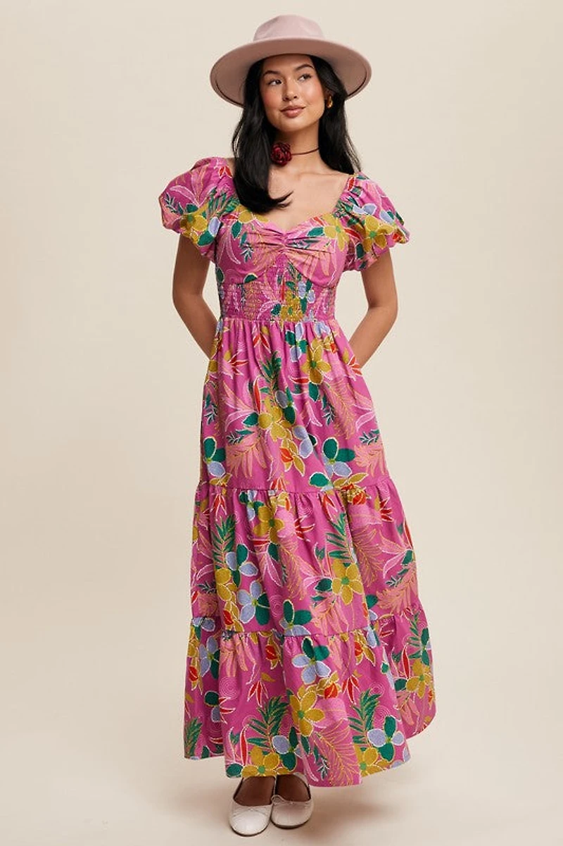 Purple Floral Puff Sleeve Maxi Dress