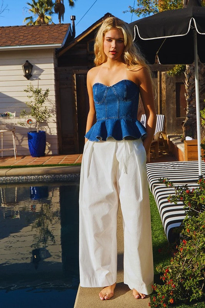 Denim Strapless Bustier Peplum Top