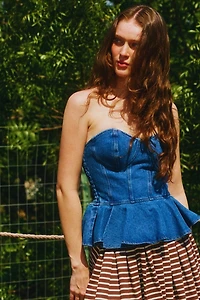 Denim Strapless Bustier Peplum Top