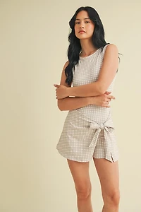 Beige Gingham Wrap Tie Dress