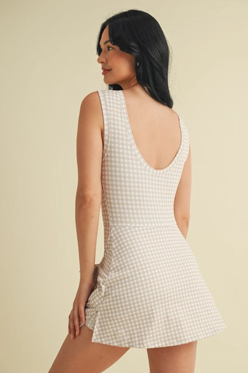 Beige Gingham Wrap Tie Dress