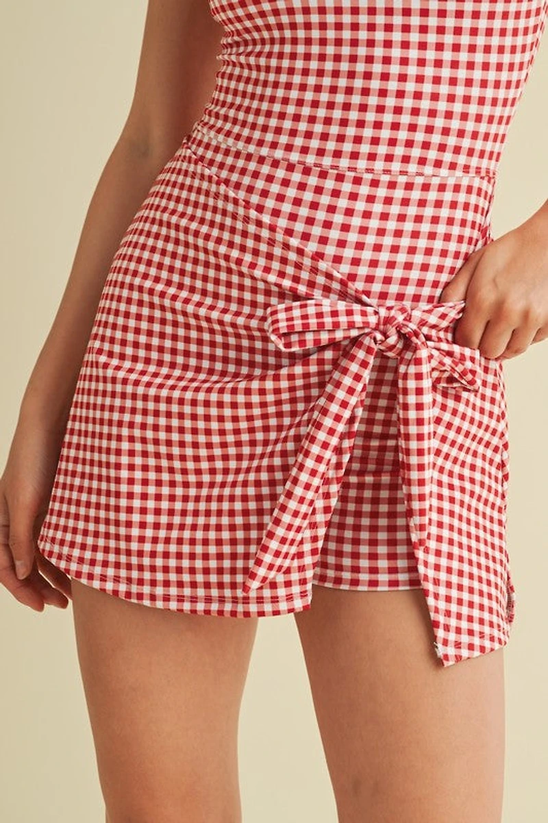 Red Gingham Wrap Tie Dress