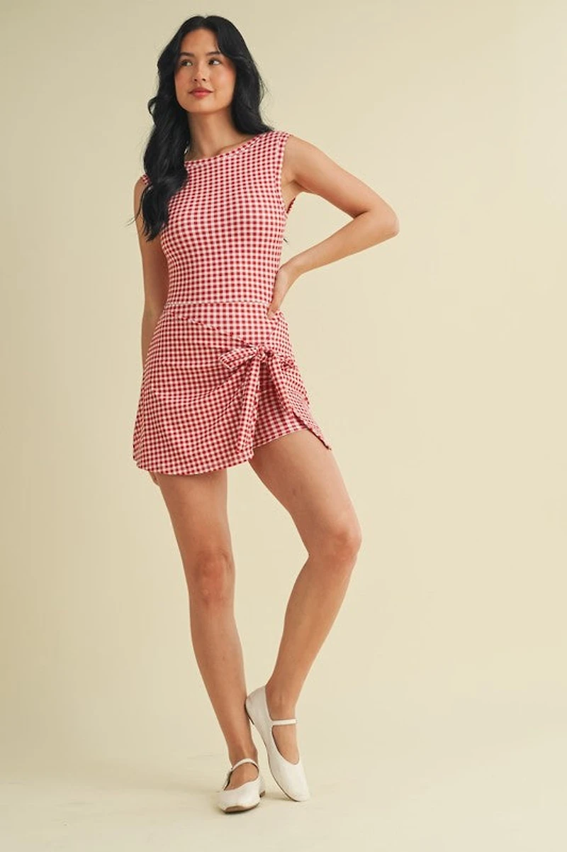 Red Gingham Wrap Tie Dress