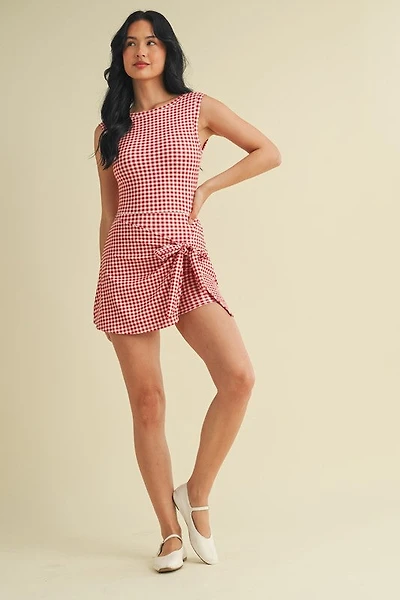 Red Gingham Wrap Tie Dress