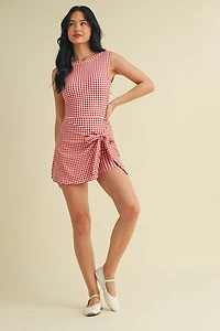 Red Gingham Wrap Tie Dress