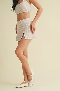 Beige Gingham Print Side Slit A-line Skort
